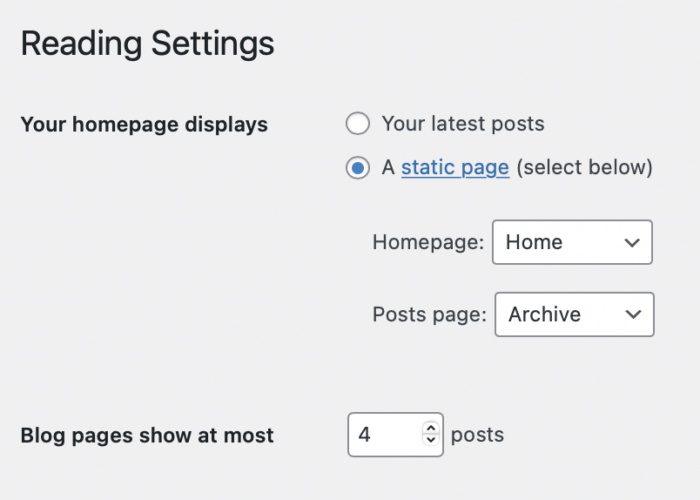 Screenshot από τις ρυθμίσεις του Reading settings custom WordPress Theme